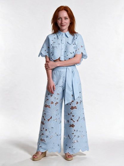 Estelle - Women's Floral Cutwork Cropped Shirt and Wide Leg Pants Set - Sky Blue