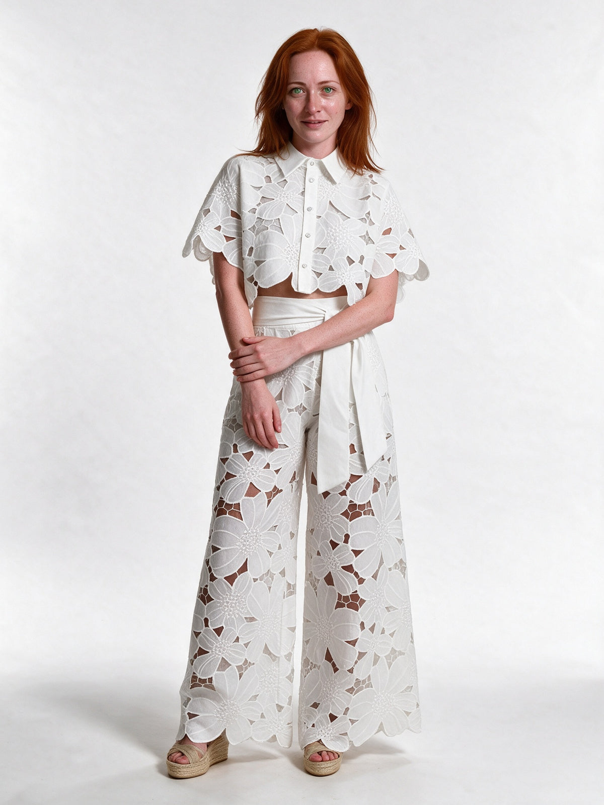 Estelle - Women's Floral Cutwork Cropped Shirt and Wide Leg Pants Set - view 1