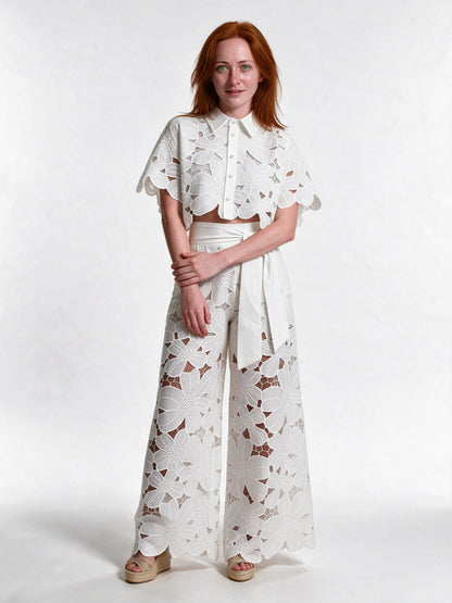 Estelle - Women's Floral Cutwork Cropped Shirt and Wide Leg Pants Set - view 1