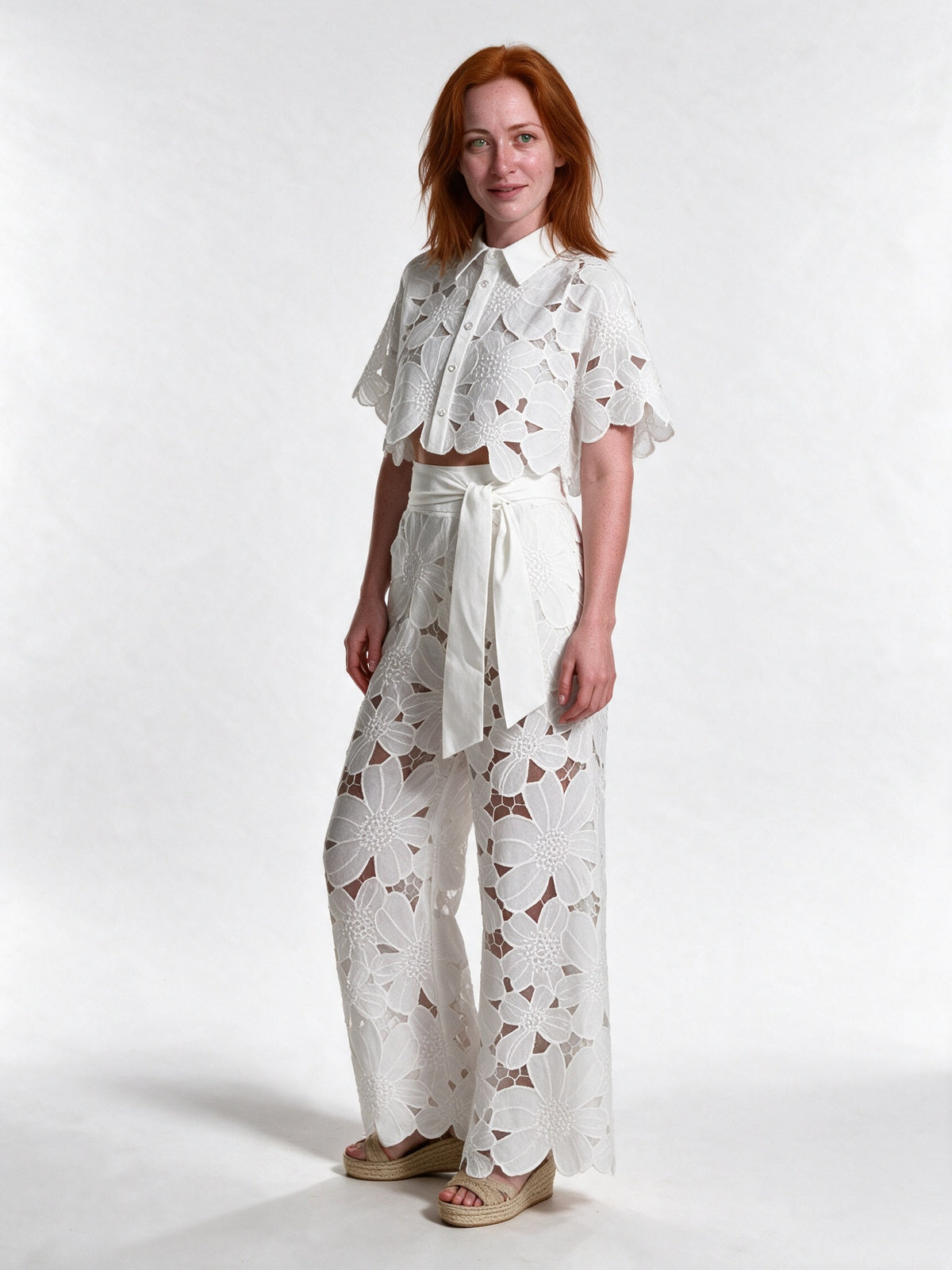 Estelle - Women's Floral Cutwork Cropped Shirt and Wide Leg Pants Set - view 2