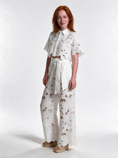Estelle - Women's Floral Cutwork Cropped Shirt and Wide Leg Pants Set - view 2