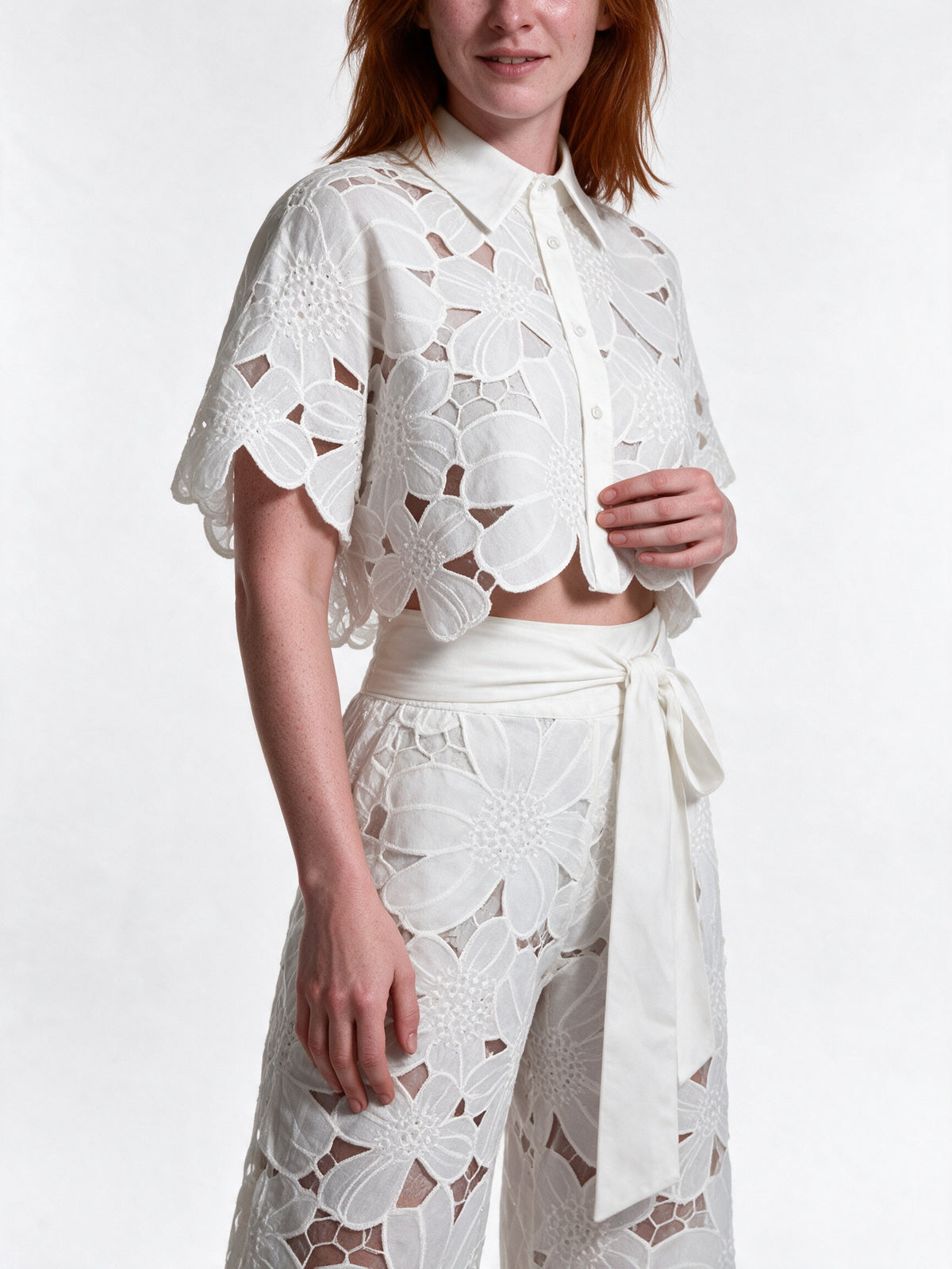 Estelle - Women's Floral Cutwork Cropped Shirt and Wide Leg Pants Set - view 3
