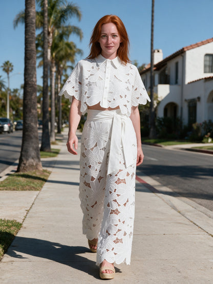 Estelle - Women's Floral Cutwork Cropped Shirt and Wide Leg Pants Set - view 4