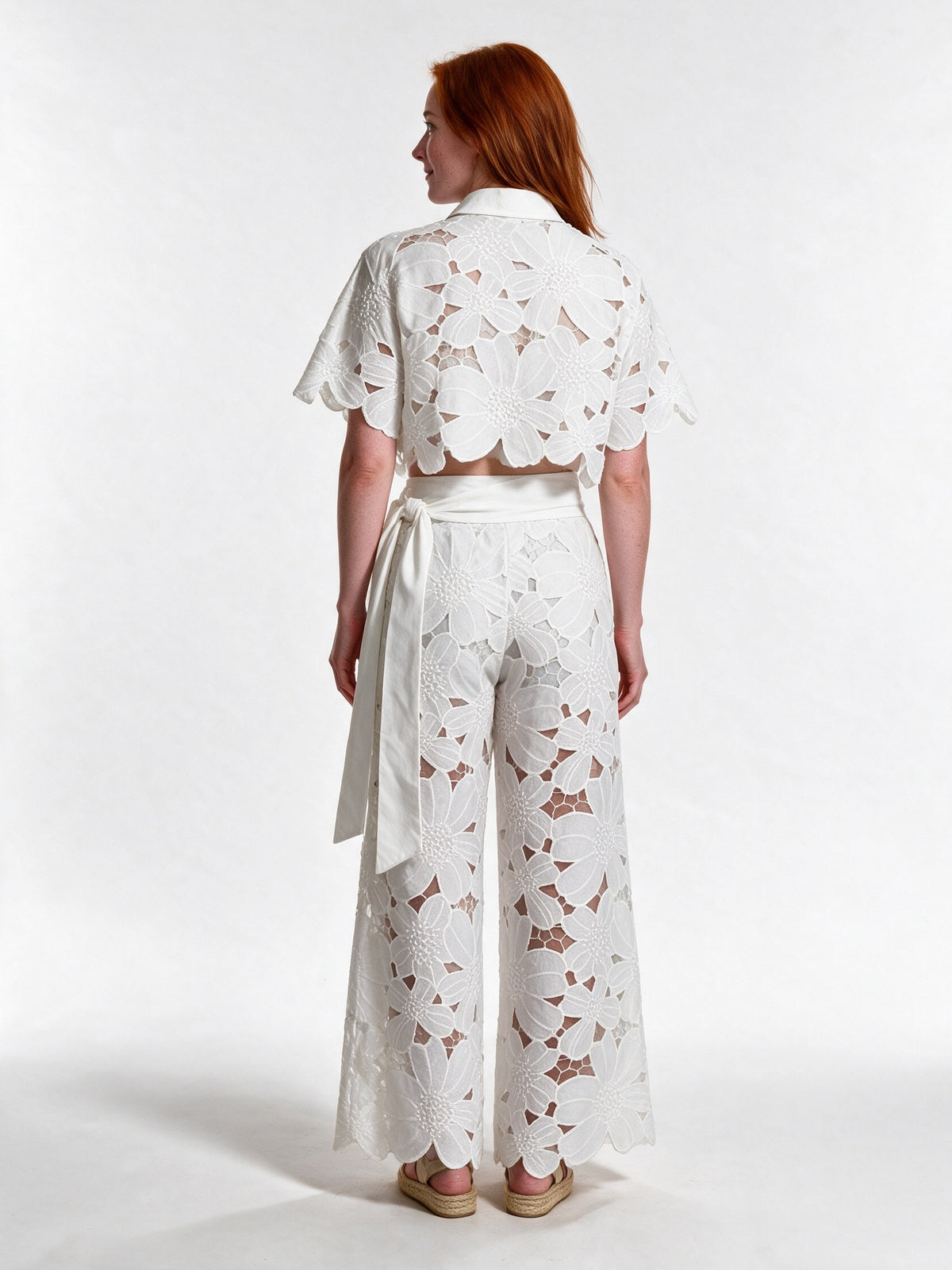 Estelle - Women's Floral Cutwork Cropped Shirt and Wide Leg Pants Set - view 5