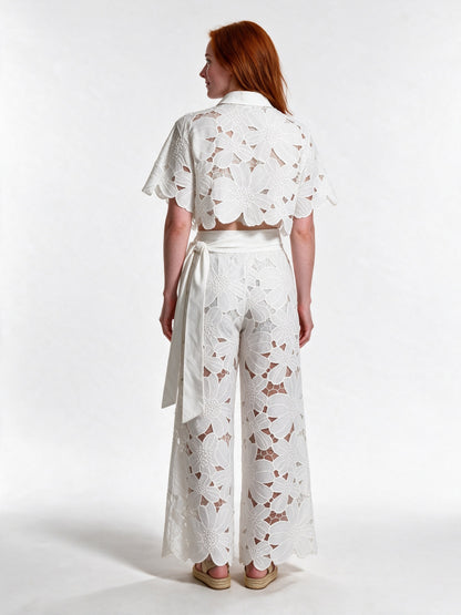Estelle - Women's Floral Cutwork Cropped Shirt and Wide Leg Pants Set - view 5