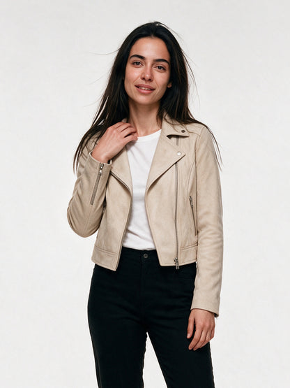 Felicity - Cropped Soft Napped Moto Jacket - Apricot