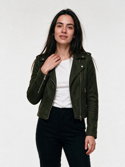 Felicity - Cropped Soft Napped Moto Jacket - Green