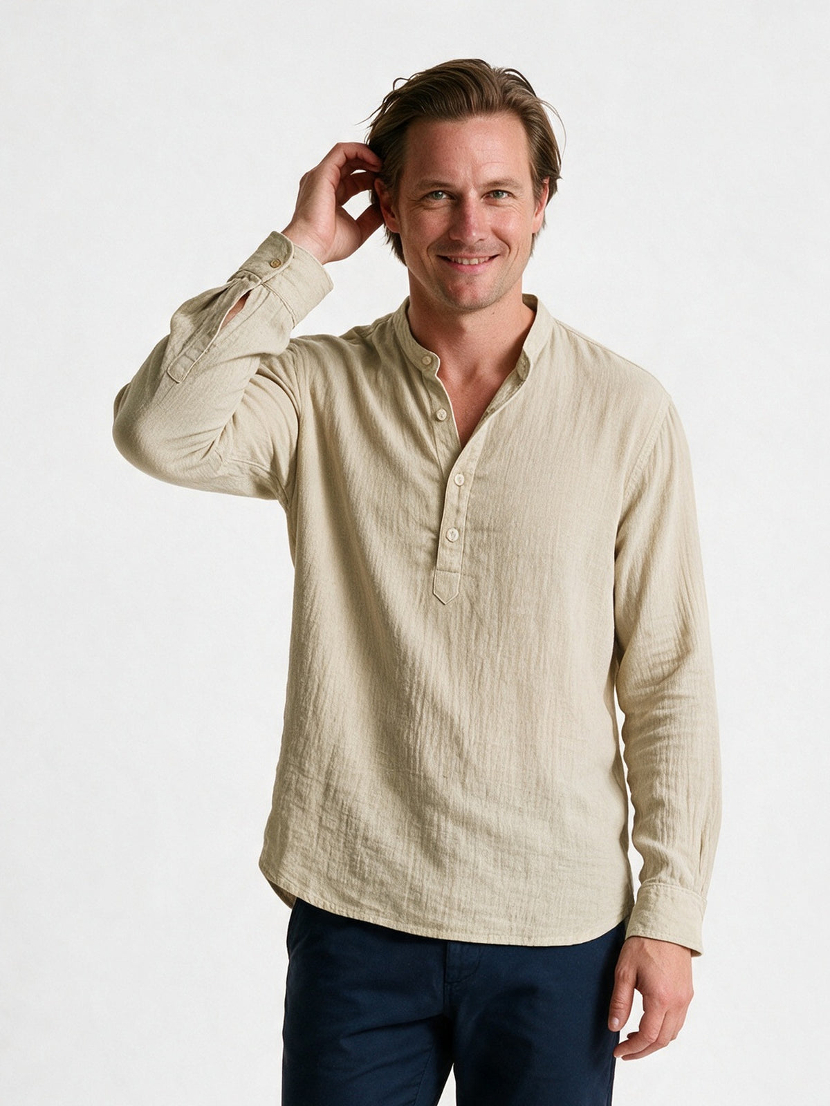 Felix - Men's Relaxed Band Collar Long Sleeve Shirt - Beige