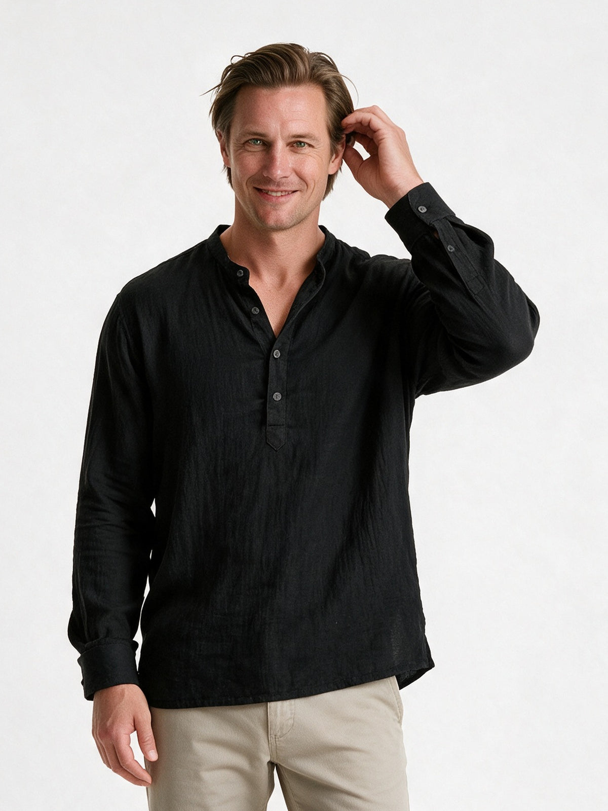 Felix - Men's Relaxed Band Collar Long Sleeve Shirt - Black
