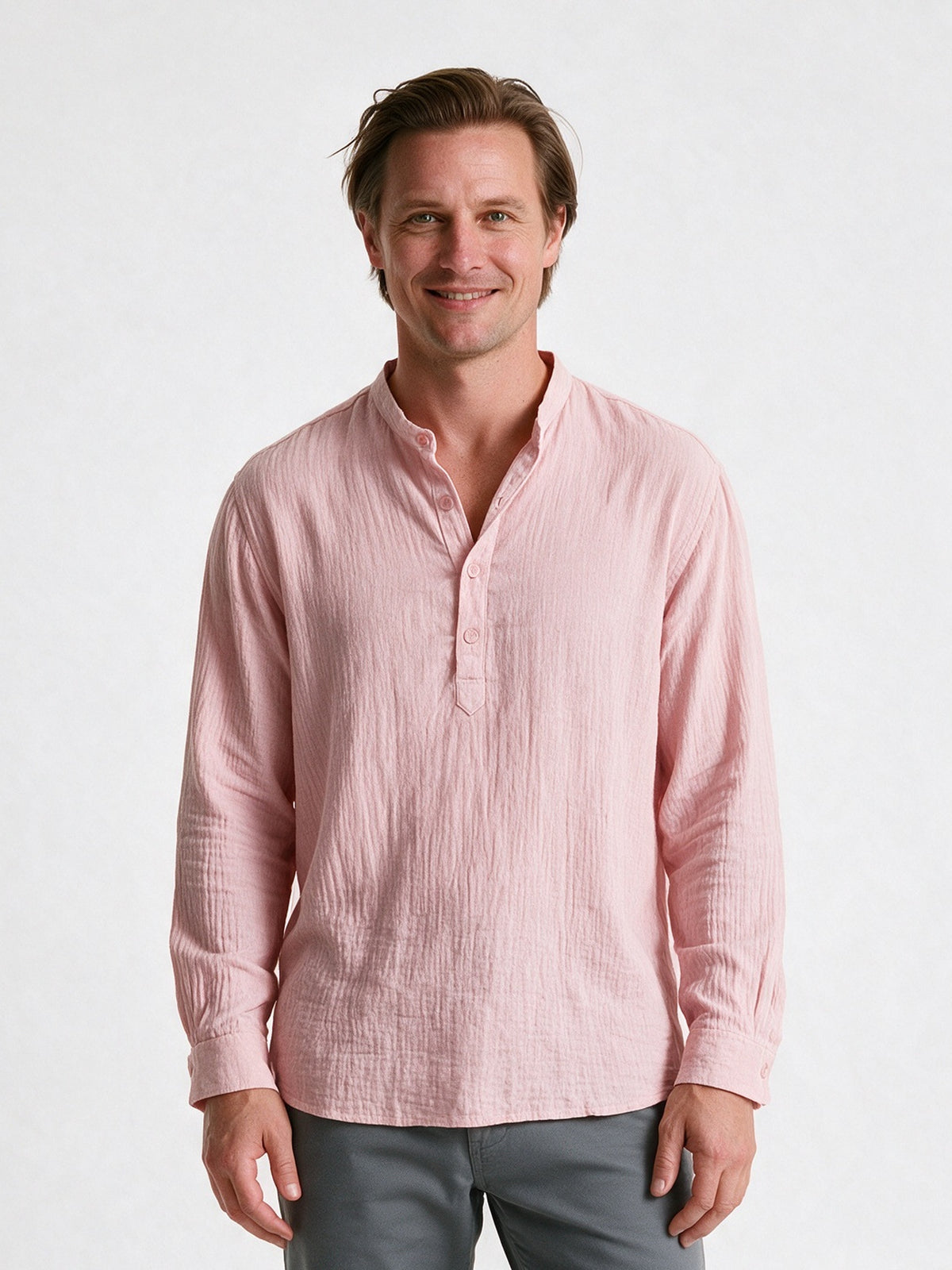 Felix - Men's Relaxed Band Collar Long Sleeve Shirt - Pink