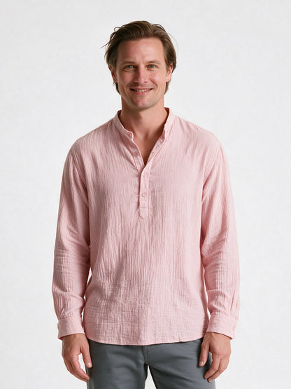 Felix - Men's Relaxed Band Collar Long Sleeve Shirt - Pink