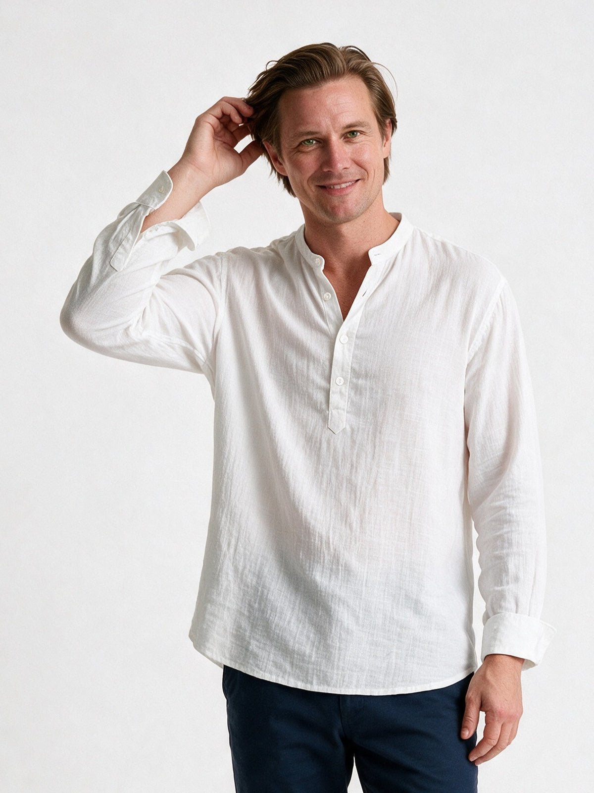 Felix - Men's Relaxed Band Collar Long Sleeve Shirt - White