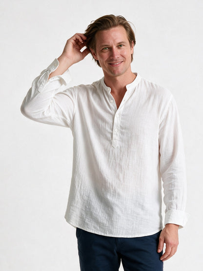 Felix - Men's Relaxed Band Collar Long Sleeve Shirt - White