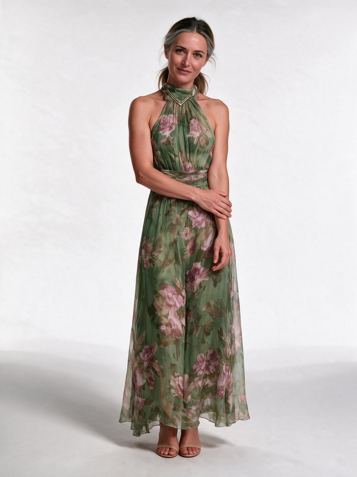 Fiorella - Floral Halter Neck Maxi Dress with Wide Waistband - view 1