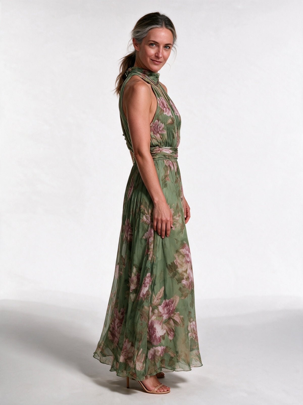 Fiorella - Floral Halter Neck Maxi Dress with Wide Waistband - view 2