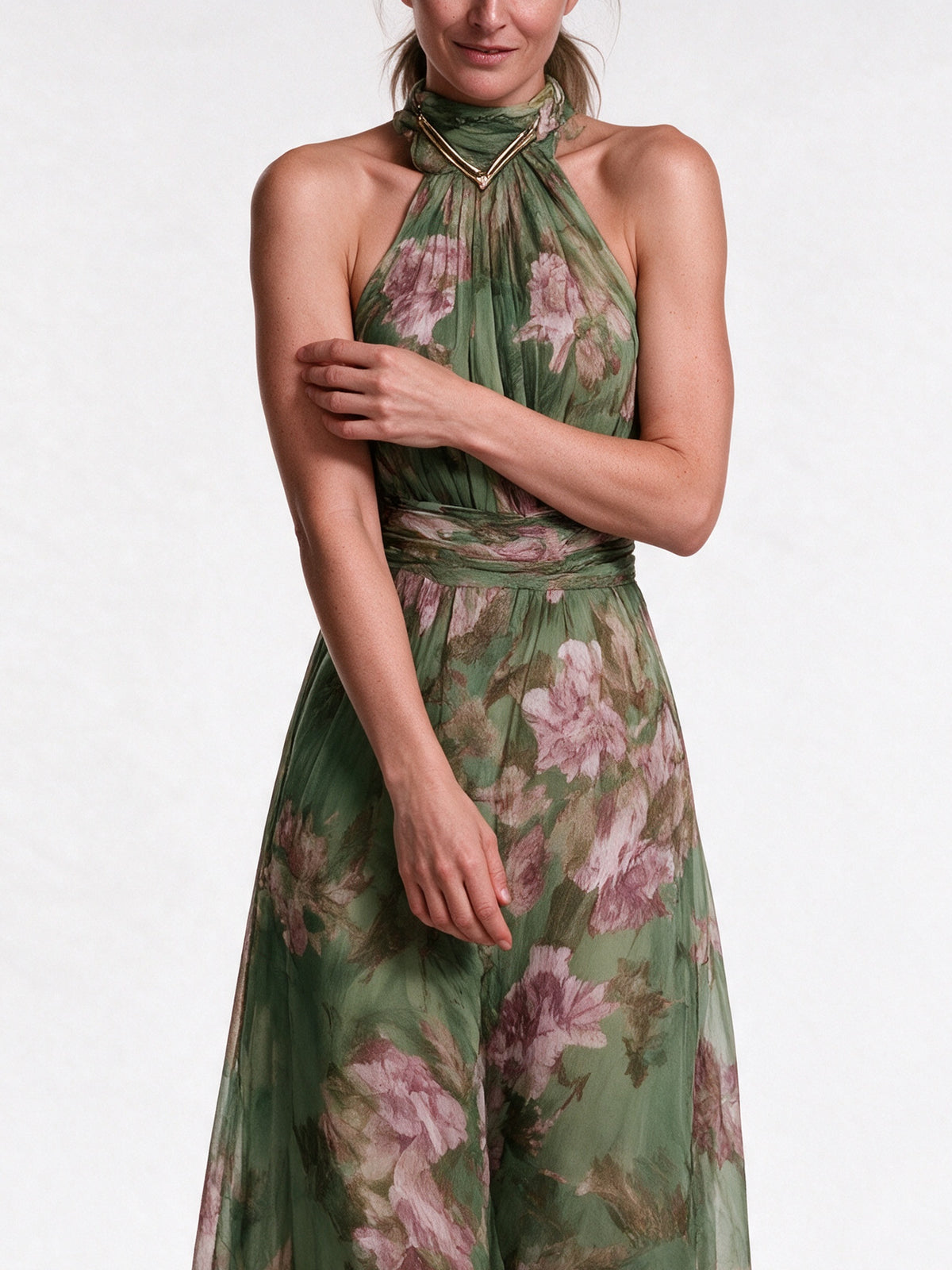 Fiorella - Floral Halter Neck Maxi Dress with Wide Waistband - view 3