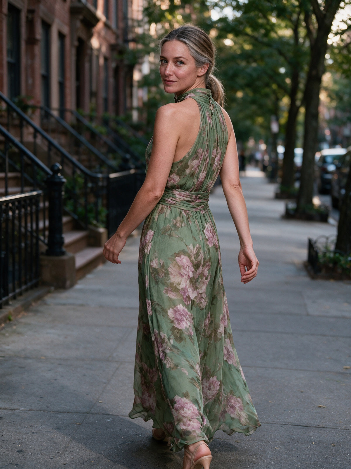 Fiorella - Floral Halter Neck Maxi Dress with Wide Waistband - view 4