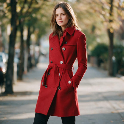 Florence - Elegant Black Wool Blend Trench Coat Women