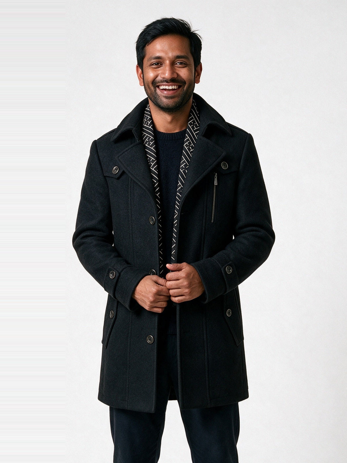 Frederik - Men's Tailored Coat with Built-In Scarf - Black