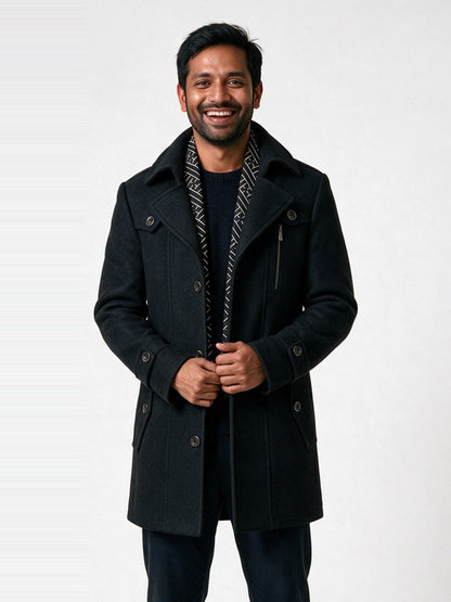 Frederik - Men's Tailored Coat with Built-In Scarf - Black