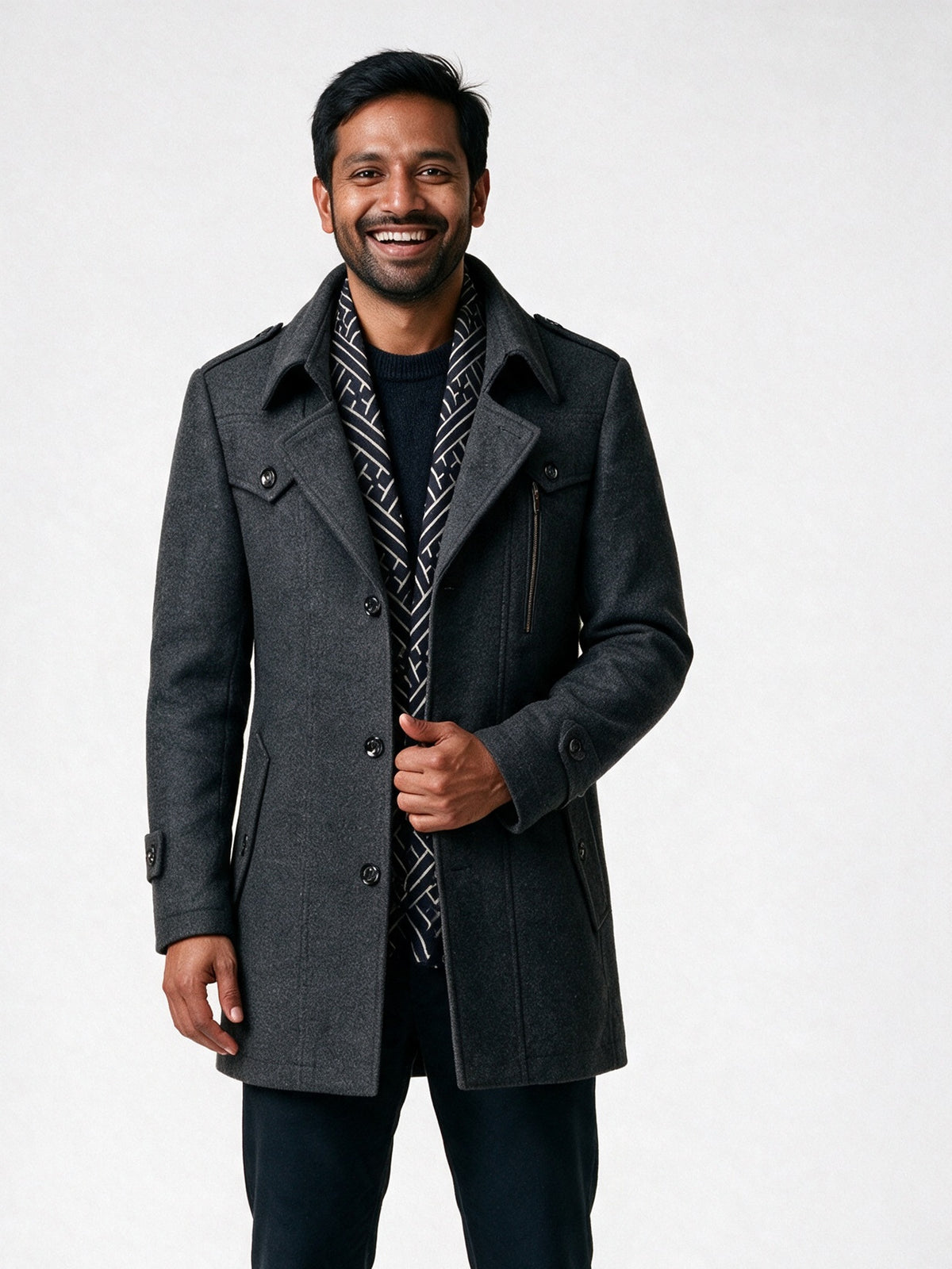 Frederik - Men's Tailored Coat with Built-In Scarf - Charcoal