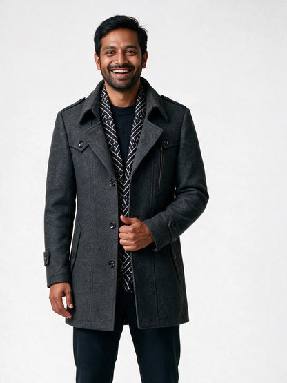Frederik - Men's Tailored Coat with Built-In Scarf - Charcoal
