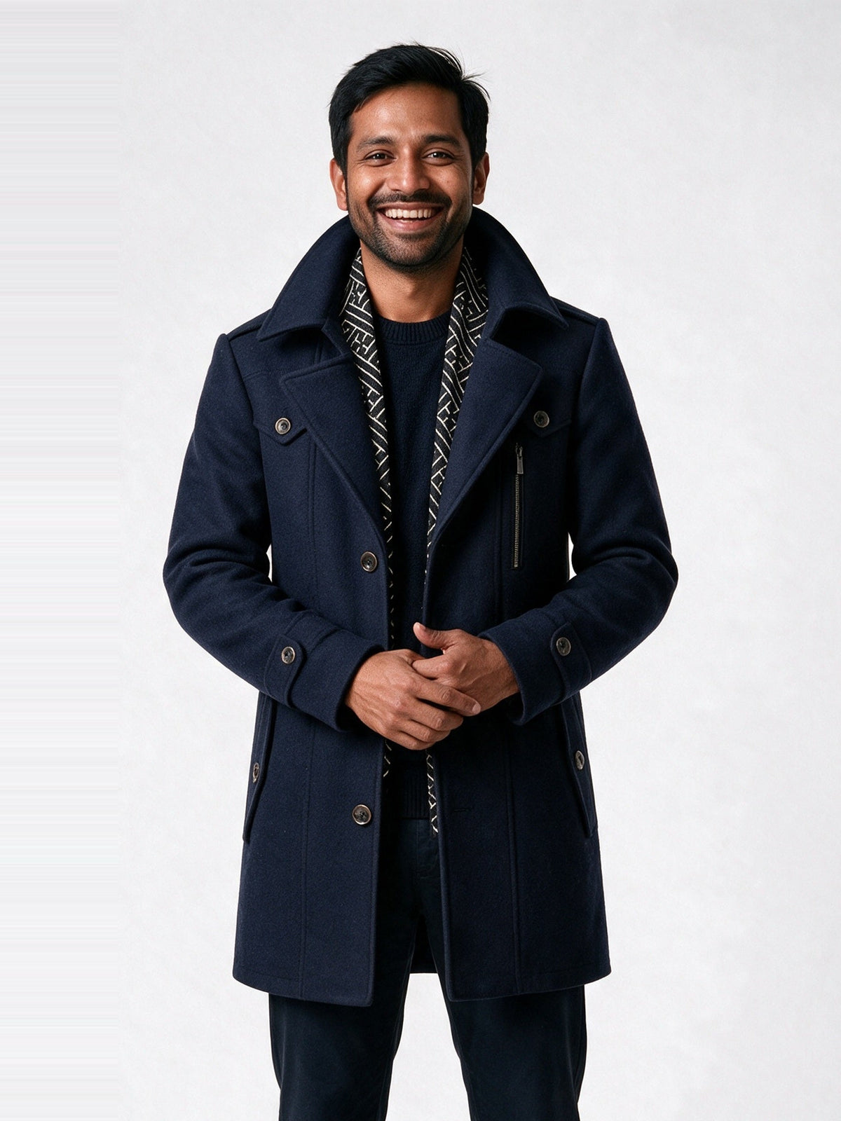 Frederik - Men's Tailored Coat with Built-In Scarf - Navy