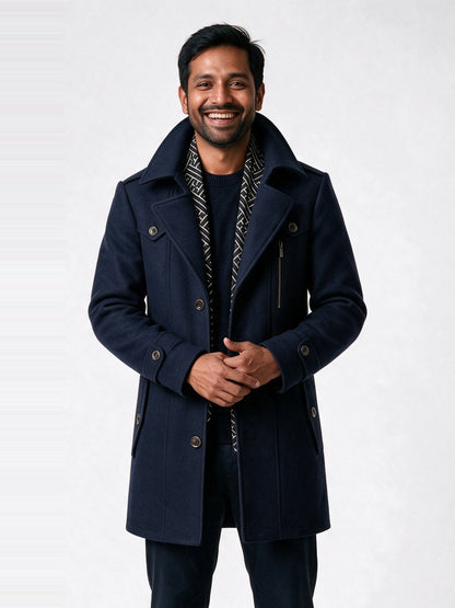 Frederik - Men's Tailored Coat with Built-In Scarf - Navy