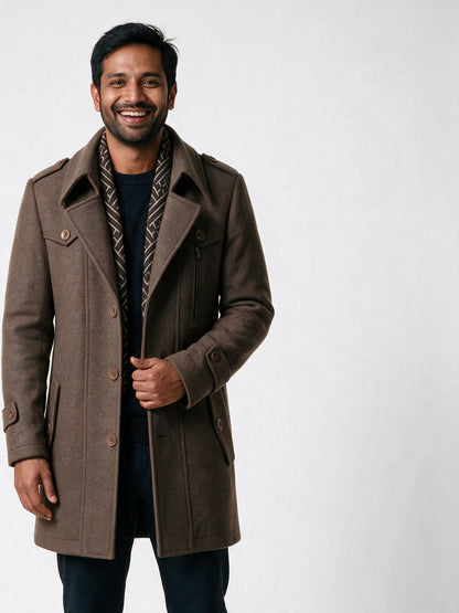 Frederik - Men's Tailored Coat with Built-In Scarf - Taupe