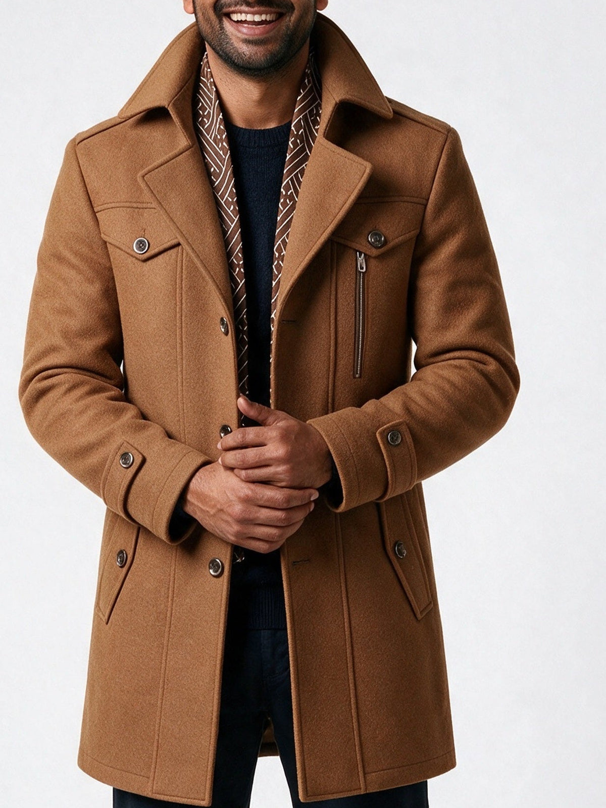 Frederik - Men's Tailored Coat with Built-In Scarf - view 1