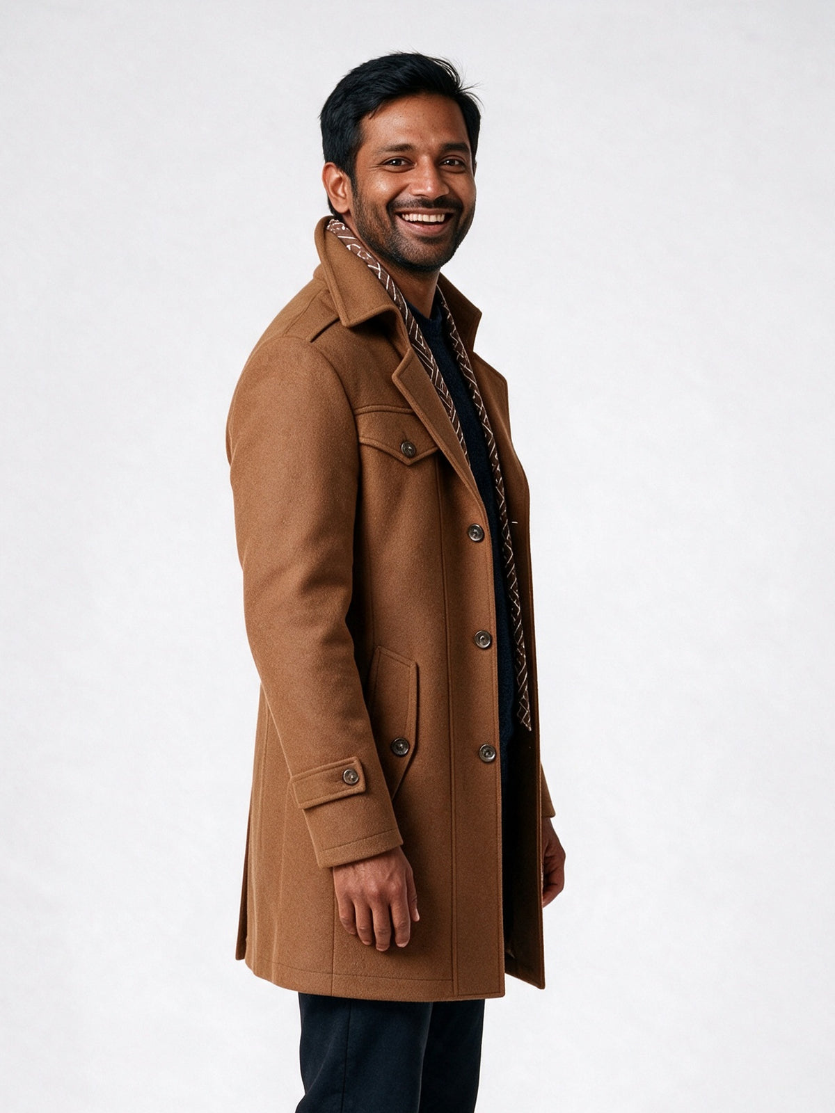 Frederik - Men's Tailored Coat with Built-In Scarf - view 2