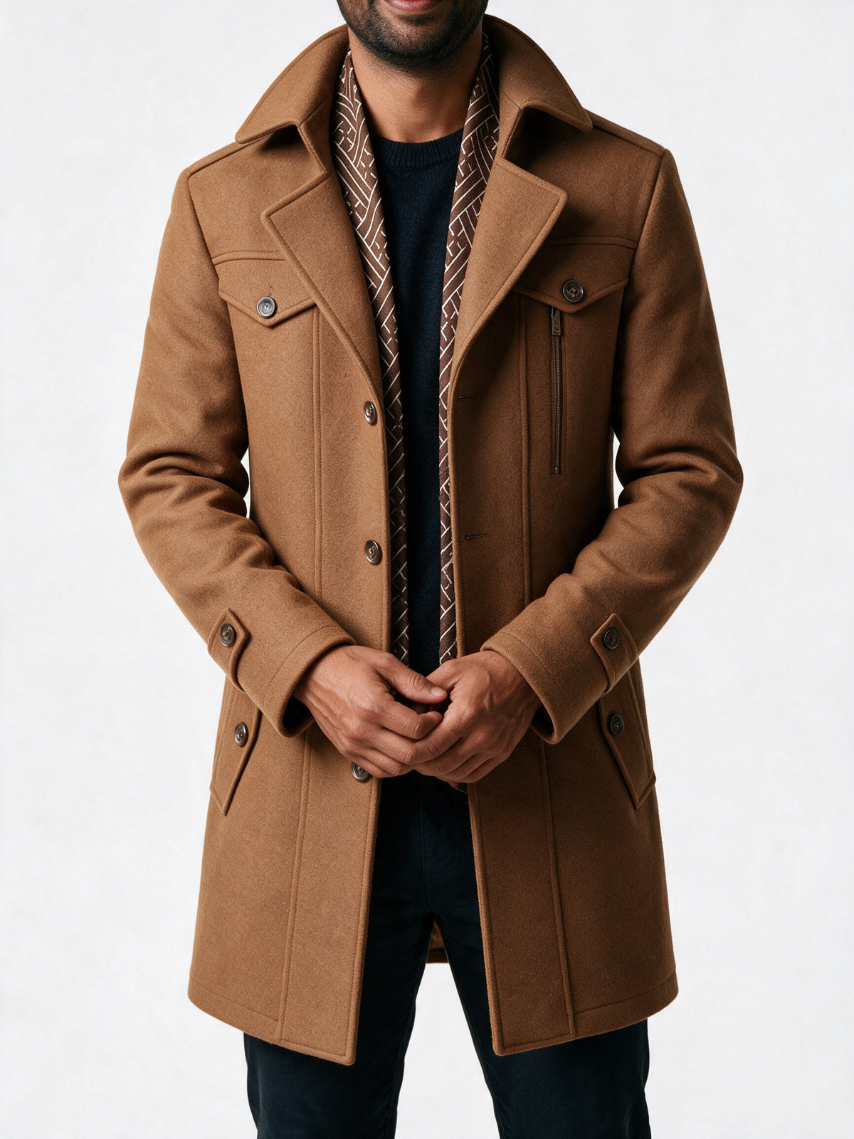 Frederik - Men's Tailored Coat with Built-In Scarf - view 3