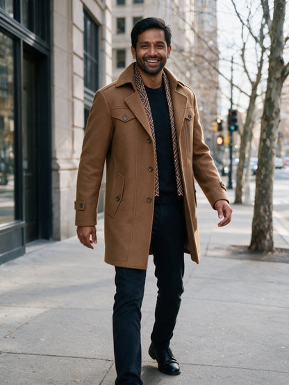 Frederik - Men's Tailored Coat with Built-In Scarf - view 4