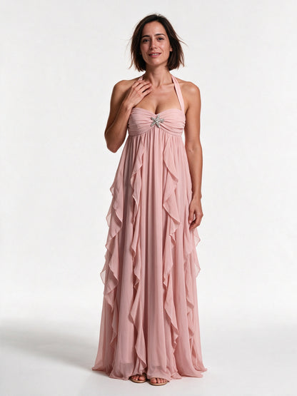 Giada - Halter Neck Cascading Ruffle Maxi Dress - Blush