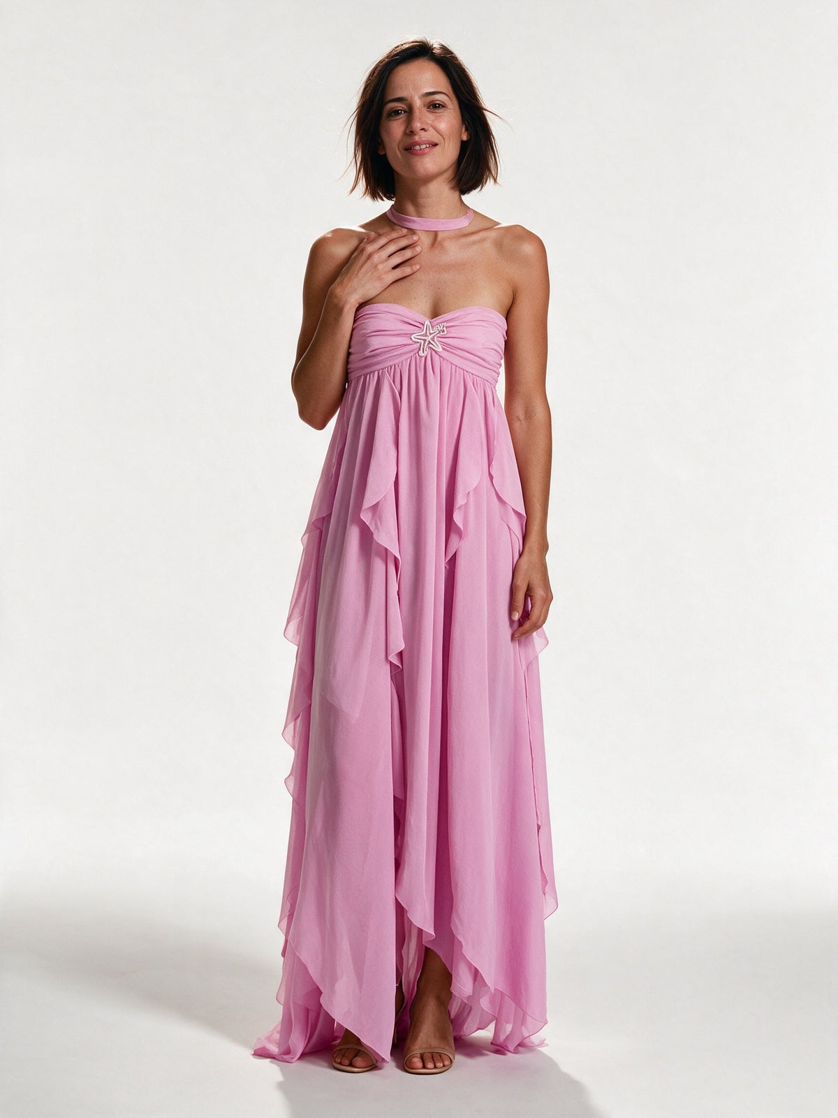Giada - Halter Neck Cascading Ruffle Maxi Dress - Orchid Pink
