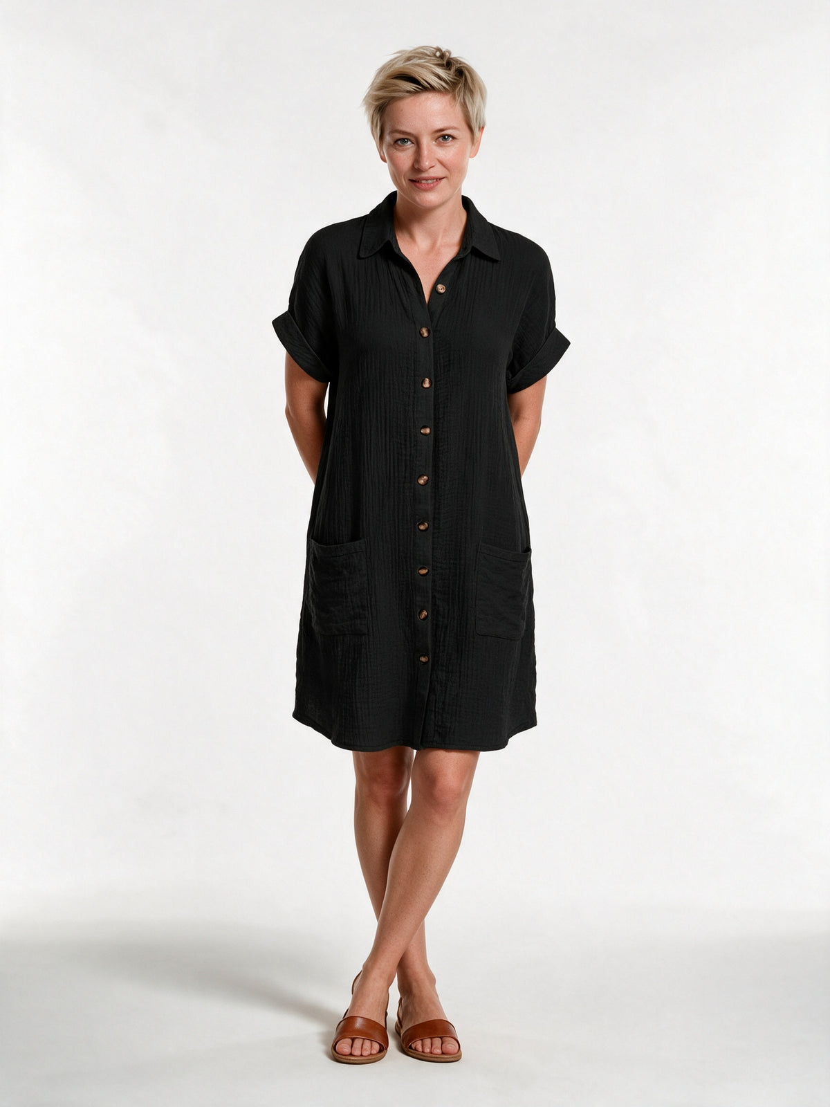 Gianelleza - Button Front Shirt Dress with Pockets - Black