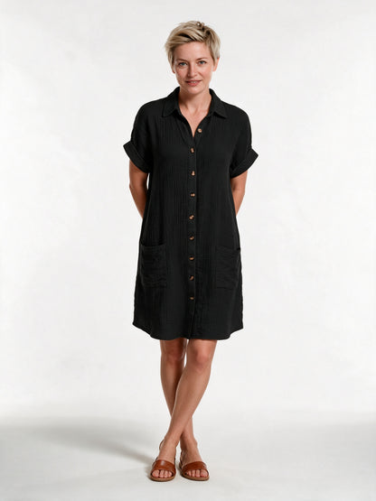 Gianelleza - Button Front Shirt Dress with Pockets - Black