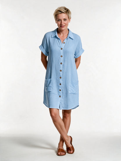 Gianelleza - Button Front Shirt Dress with Pockets - Blue