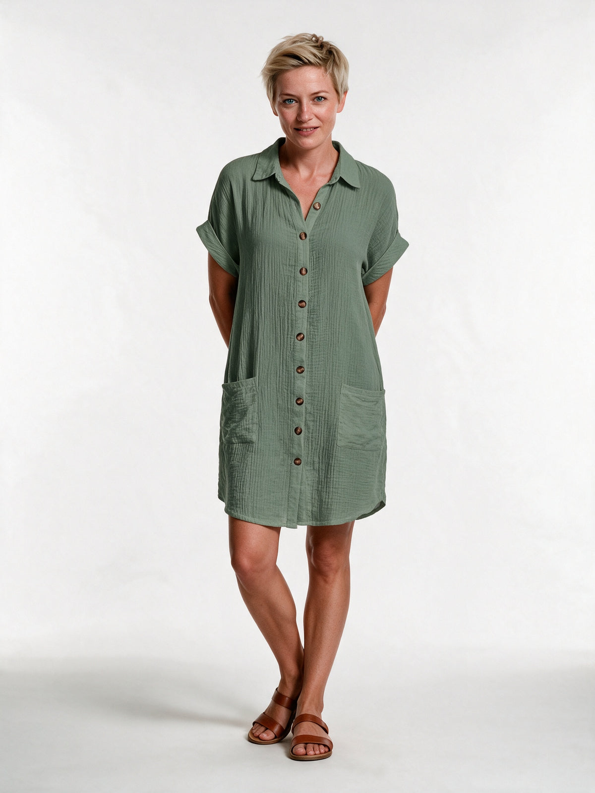 Gianelleza - Button Front Shirt Dress with Pockets - Green