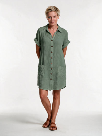 Gianelleza - Button Front Shirt Dress with Pockets - Green