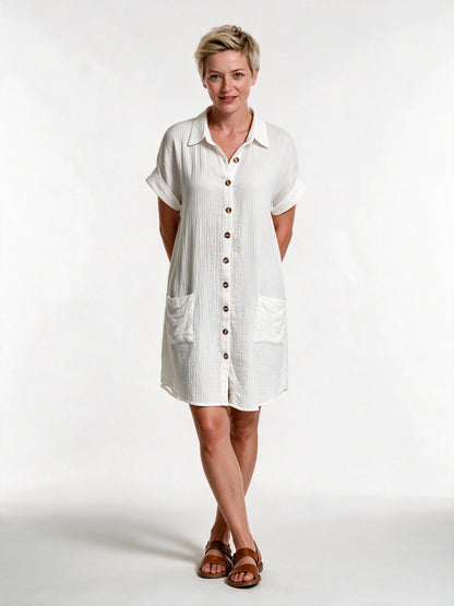 Gianelleza - Button Front Shirt Dress with Pockets - White
