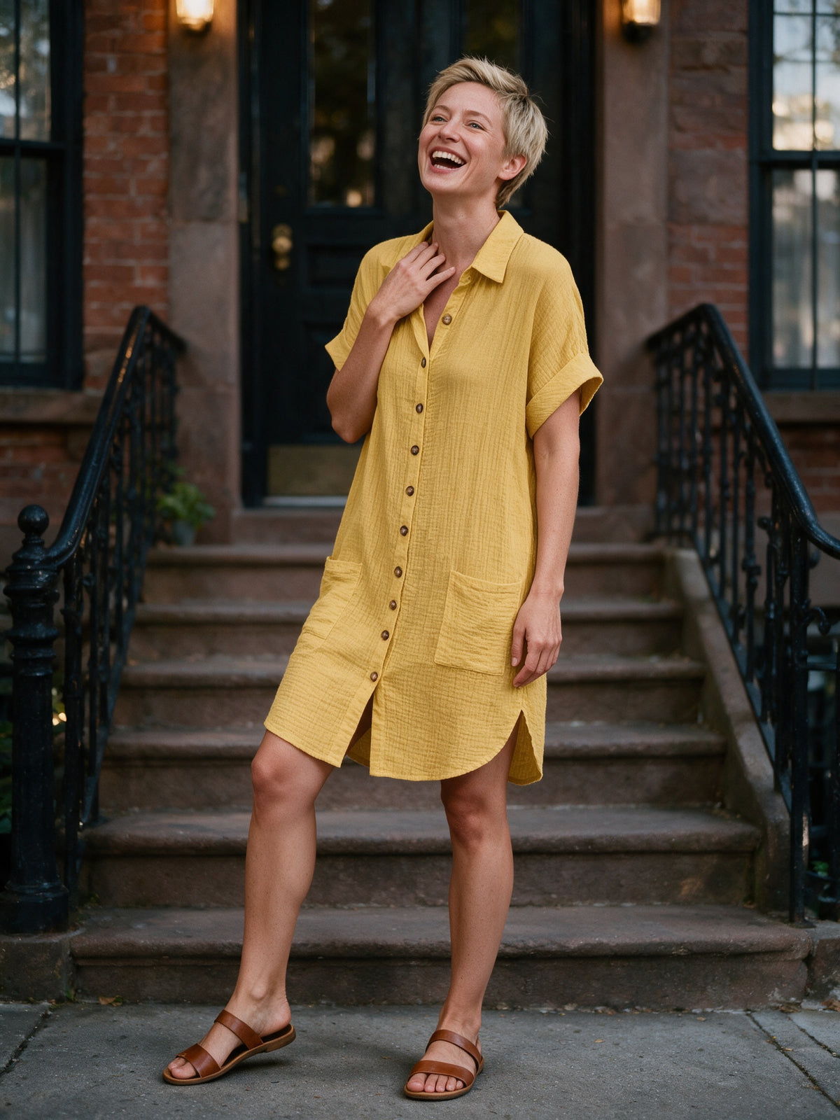 Gianelleza - Button Front Shirt Dress with Pockets - view 4