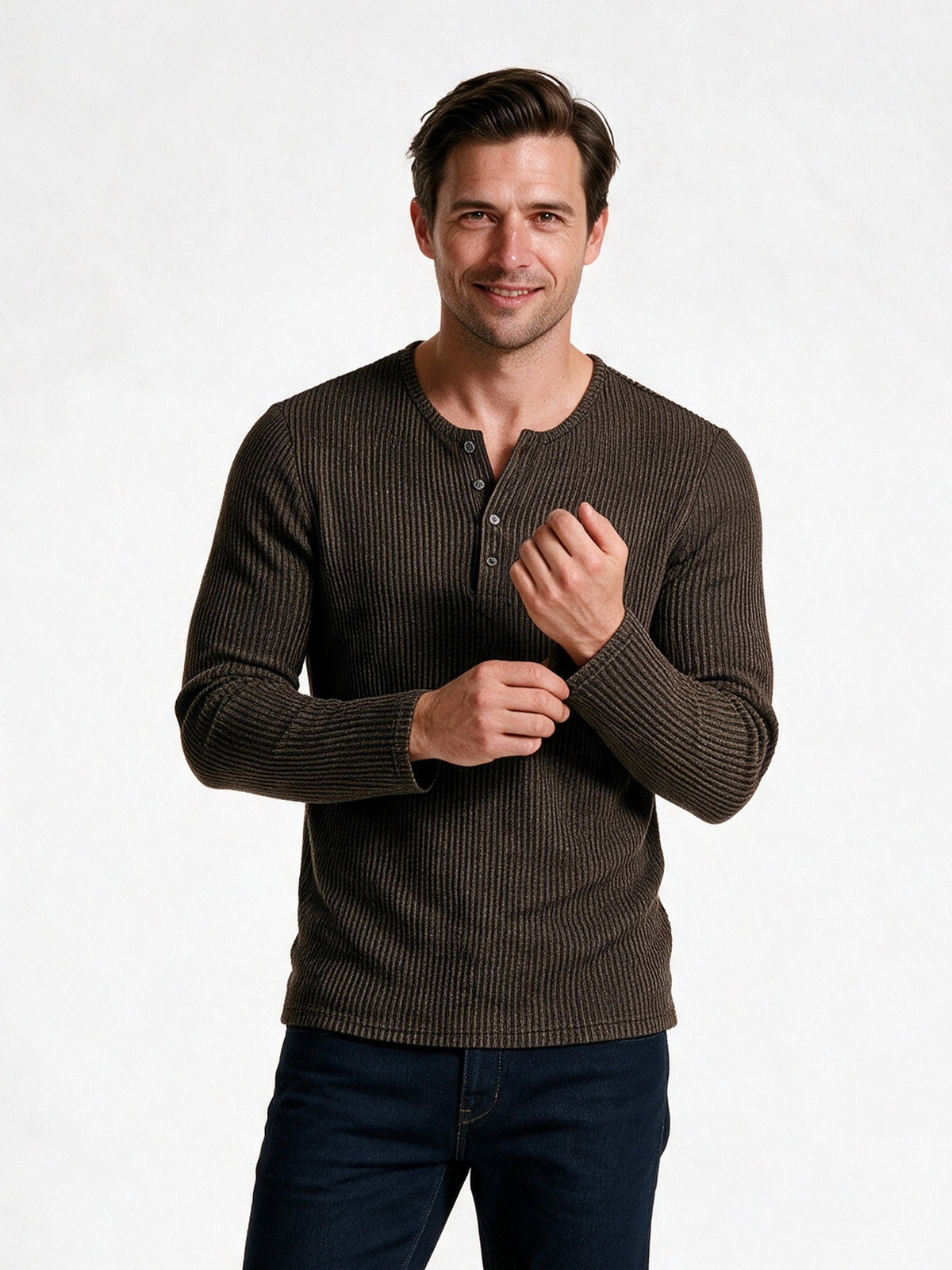 Gideon - Men's Ribbed Henley Long Sleeve Top - Brown