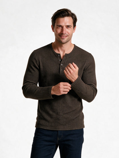 Gideon - Men's Ribbed Henley Long Sleeve Top - Brown