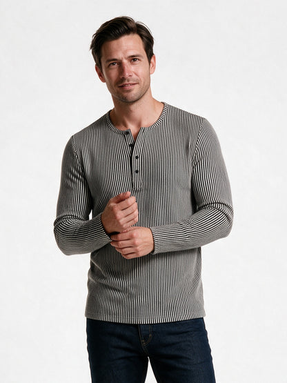 Gideon - Men's Ribbed Henley Long Sleeve Top - Grey Stripe