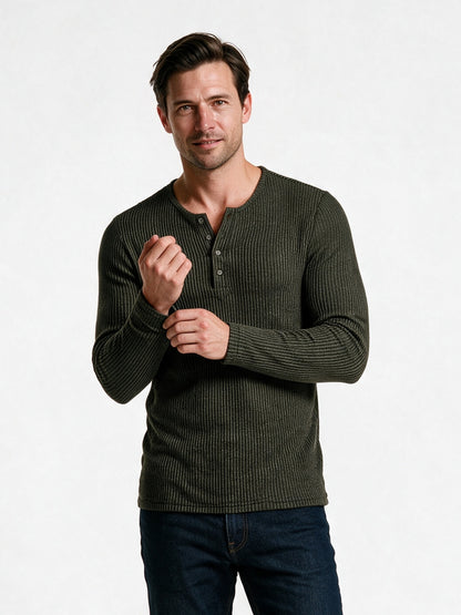 Gideon - Men's Ribbed Henley Long Sleeve Top - Olive