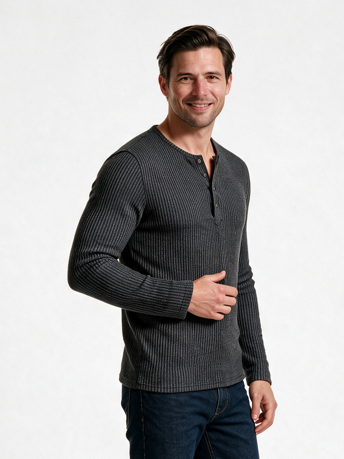 Gideon - Men's Ribbed Henley Long Sleeve Top - view 2