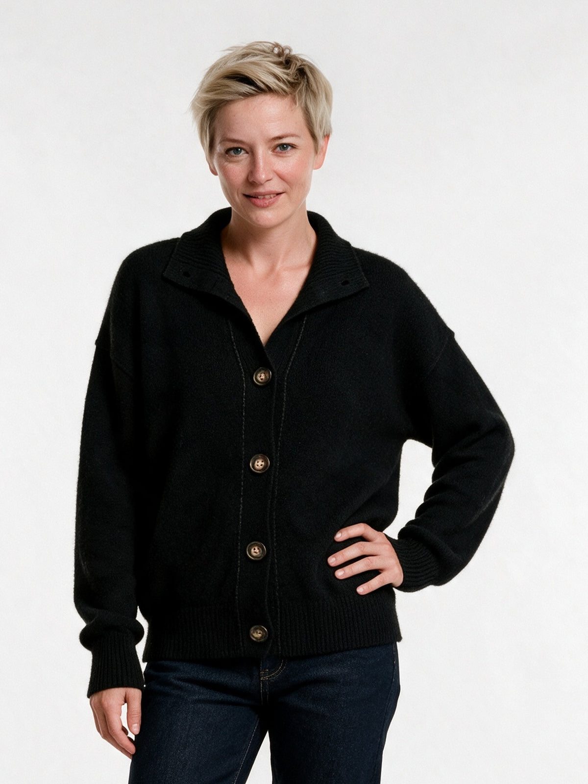 Giulia - Women's Soft Collared Button Front Cardigan - Black