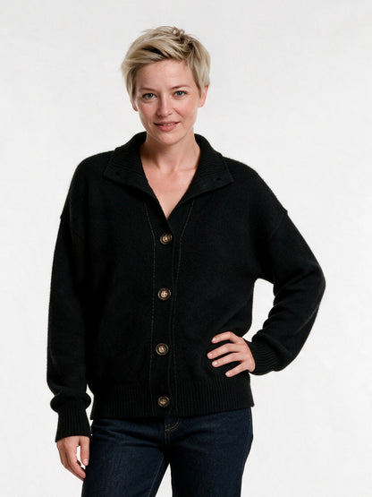 Giulia - Women's Soft Collared Button Front Cardigan - Black