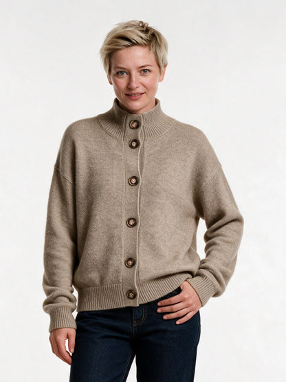 Giulia - Women's Soft Collared Button Front Cardigan - Oatmeal